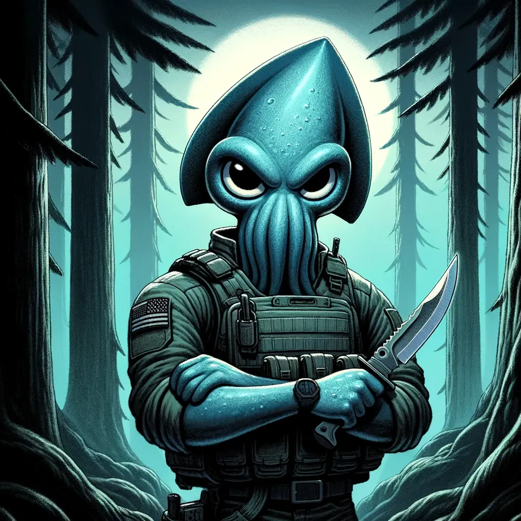 A very dangerous looking squid holding a knife